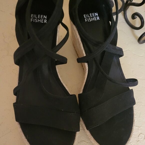 Eileen Fisher Sandals 8.5 Wedge Espadrilles Black Faux Suede Casual Comfort NWOB - Picture 5 of 10